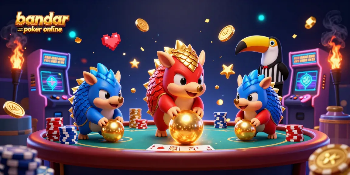 Exciting scene at bandar resmi poker online with pangolin characters competing in poker, vibrant casino elements surrounding.