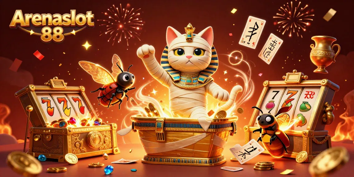 Ilustrasi 3D menampilkan kitty mummy dari Arenaslot 88 dengan kartu hieroglif dan peti harta karun meledak.