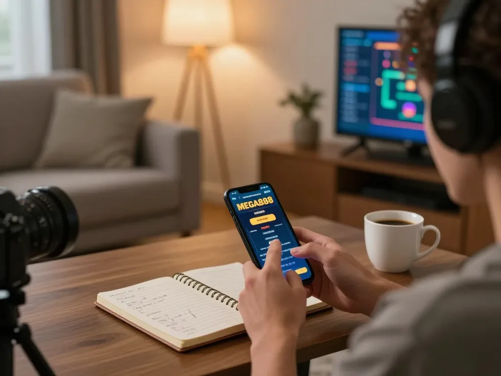 Claim free credit mega888 while enjoying online gaming on a smartphone in a cozy home setting.