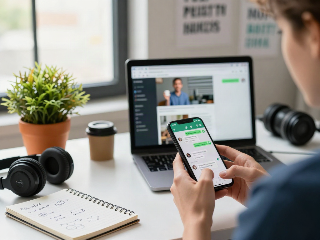 Using gb WhatsApp on a smartphone in a vibrant tech workspace