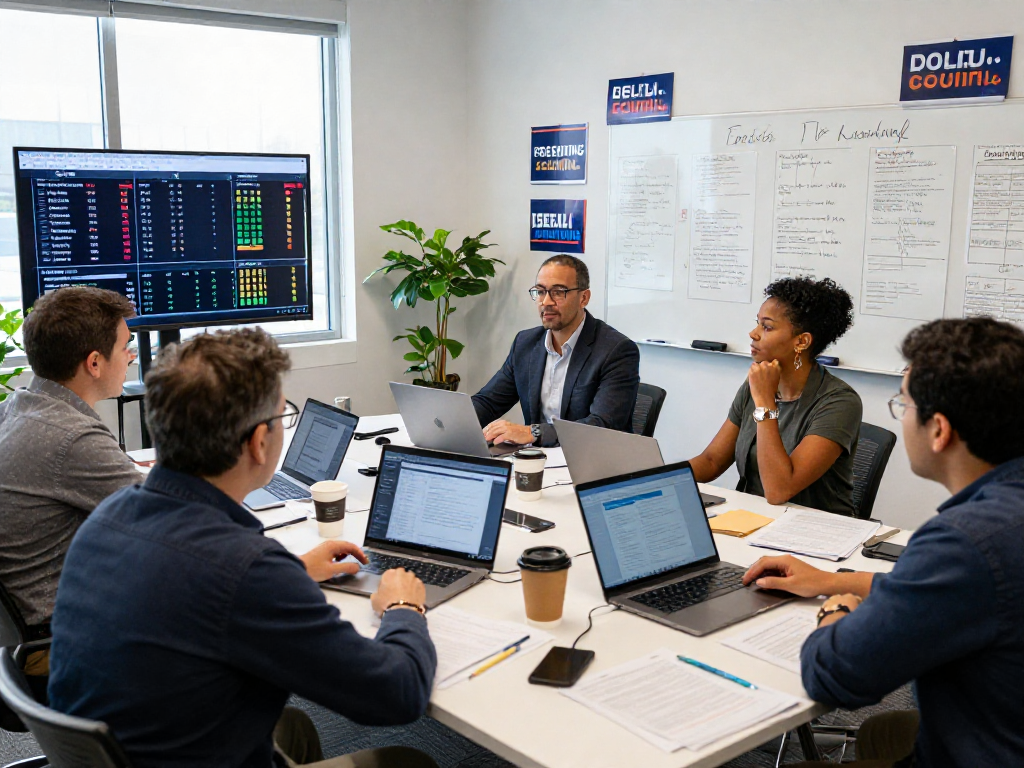 Email marketing for campaigns strategy meeting with campaign managers reviewing voter data and campaign strategies.
