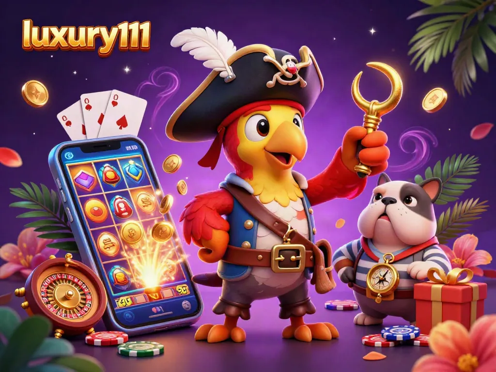 Engage in thrilling slots action with luxury111 illustrated by a pirate captain, showcasing vibrant casino elements.