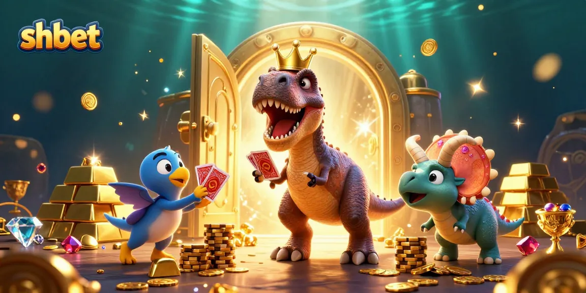 Shuffle cards with shbet's friendly T-Rex and Pterodactyl in a vibrant casino scene