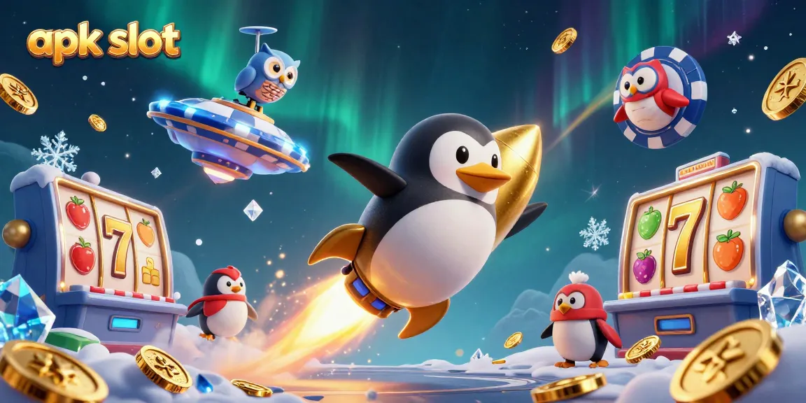 Menggenggam keberuntungan dengan apk slot, penguin emas terbang ke stasiun kasino bertema chip poker.