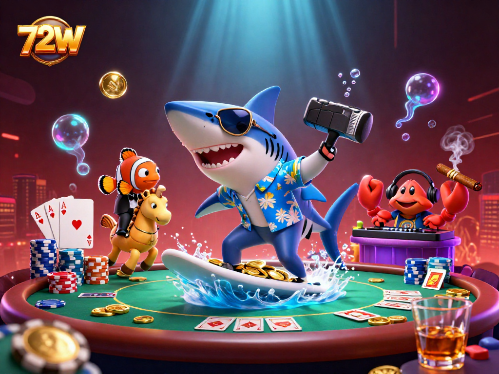 72W celebra a emoção do jogo com ilustração vibrante de um tubarão surfando em moedas de ouro.