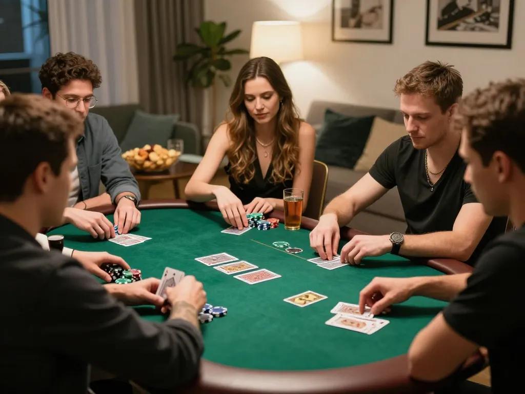 Players enjoy an engaging home poker game, exemplifying daftar bandar99 strategies for winning.