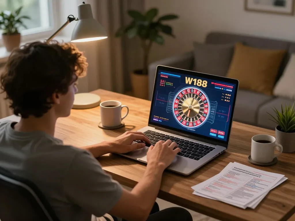 w188 online casino player engaged in a vibrant roulette game at home with strategy notes