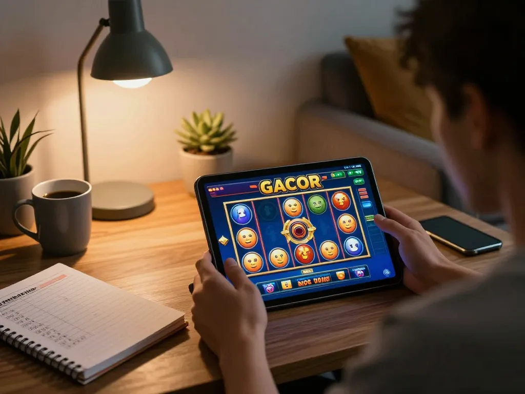 Engaging in gacor slot gameplay on a tablet in a cozy home setting, highlighting online gambling strategies.