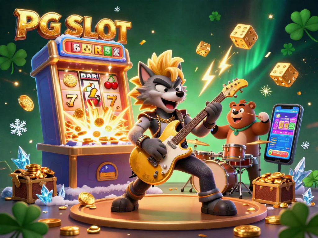 Experience PG SLOT excitement with a rock star wolf and drummer bear on a jackpot casino stage.