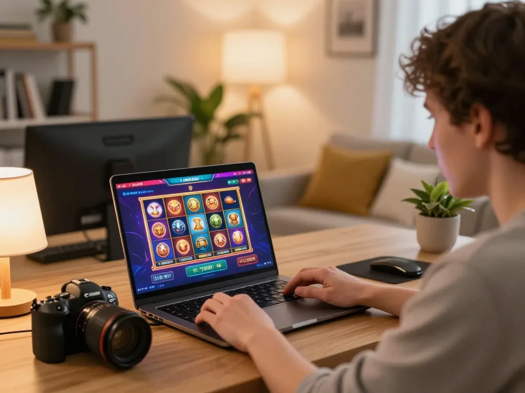 Engaging with non gamstop casinos on a laptop in a cozy home gaming setup.