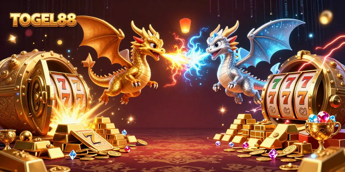 Engage with the excitement of TOGEL88 as twin dragons unleash fire and ice amidst dazzling treasures.