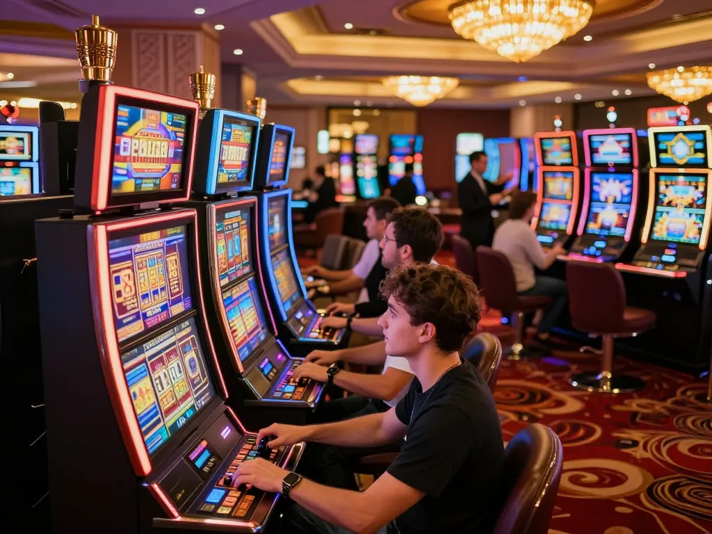 Players enjoying vibrant slot machines at a premier agen slot casino, engaging in thrilling gaming action with colorful lights.