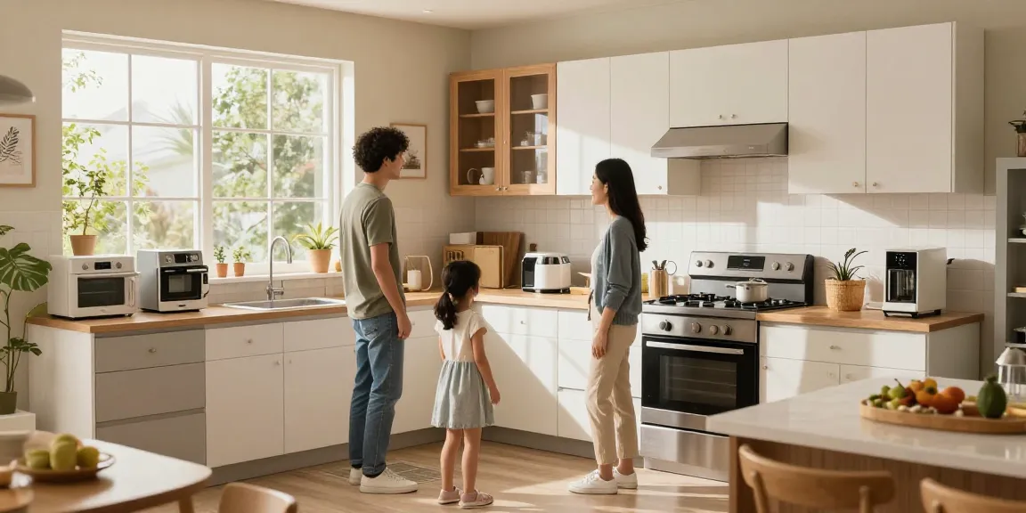 شراء مطابخ مستعملة بالرياض, family exploring quality second-hand kitchen options in a warm, inviting home.