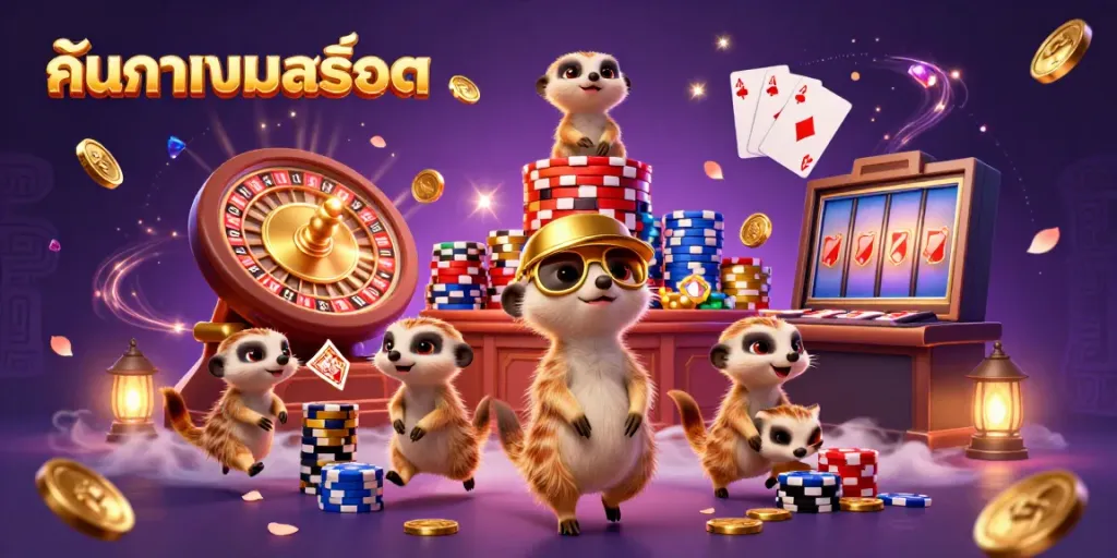 Engage in fun and excitement as you ค้นหาเกมสล็อต with our lively meerkat casino scene.