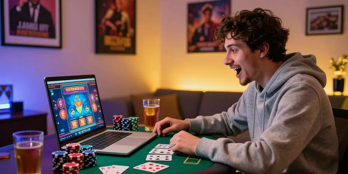 Joueur profitant d'une expérience de casino fiable en ligne sur un ordinateur portable avec des jetons de poker et des cartes.