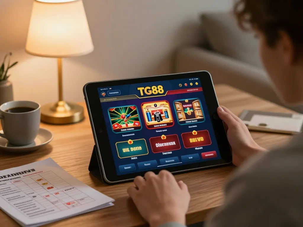 Player enjoying online betting with the TG88 app on tablet in cozy home setting.