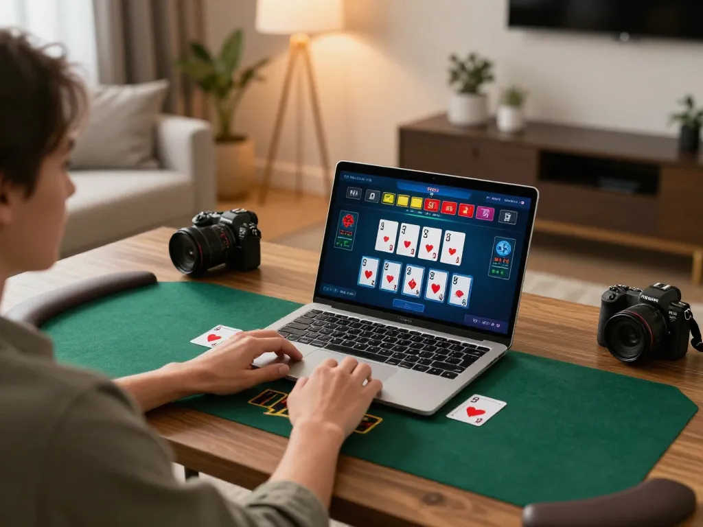 Player focuses on blackjack strategy at home using bj886 online casino interface, crafting winning bets.