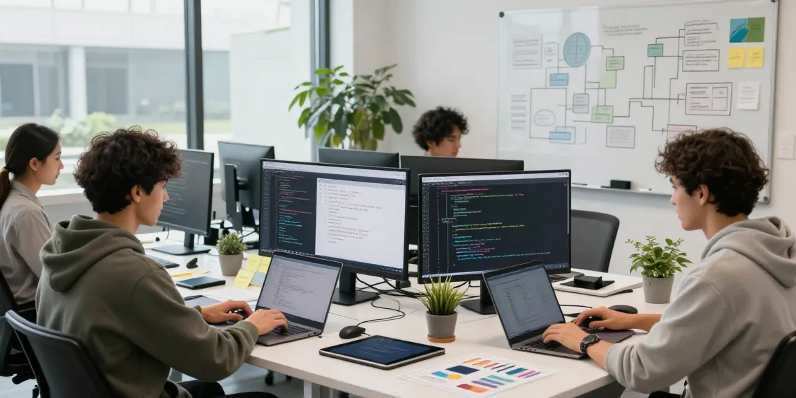 Collaboration among developers in a bright workspace using openclaw ai tools for software development.