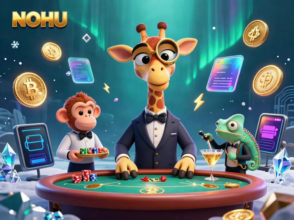 Experience NOHU's thrilling gaming world with a high-roller giraffe at a poker table, vibrant crypto elements, and dynamic action.