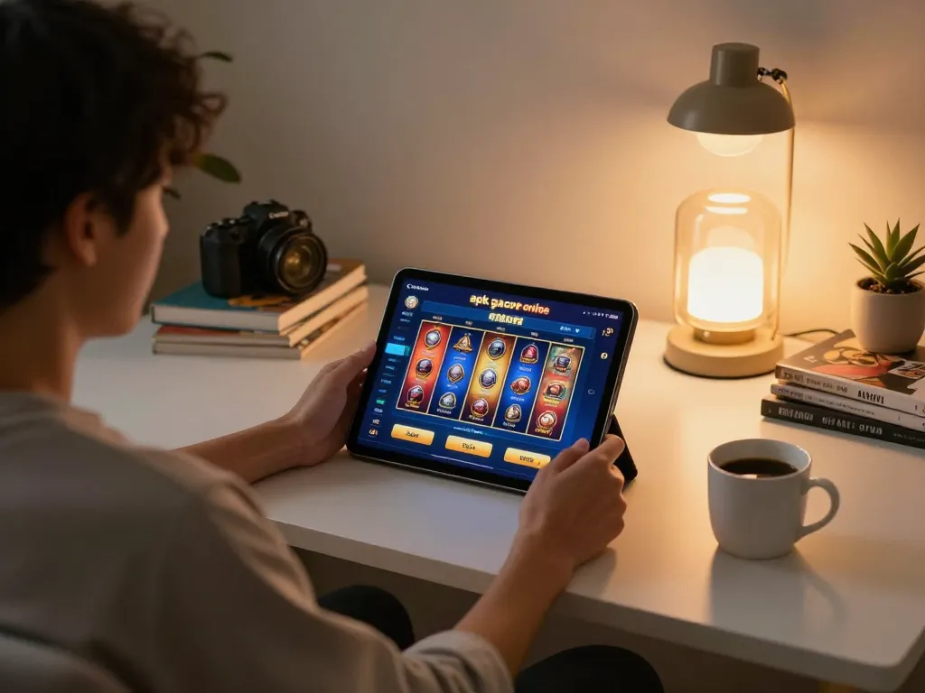 Engaged player using apk gacor platform on a tablet in a cozy home environment.