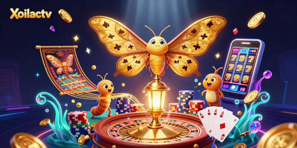 Xoilactv showcases a vibrant, 3D casino scene of a golden atlas moth and casino elements.