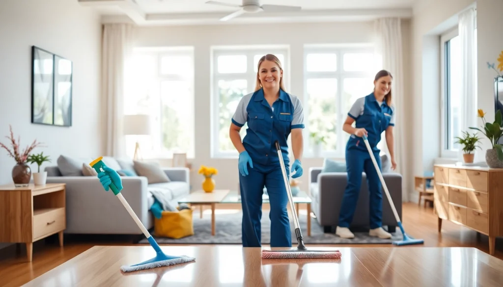 Cleaning Service team professionally tidying a bright living room environment with attention to detail.