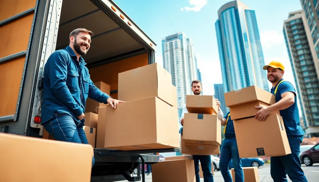 Toronto movers efficiently packing a truck with boxes in an urban environment.