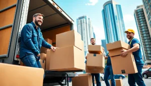 Toronto movers efficiently packing a truck with boxes in an urban environment.