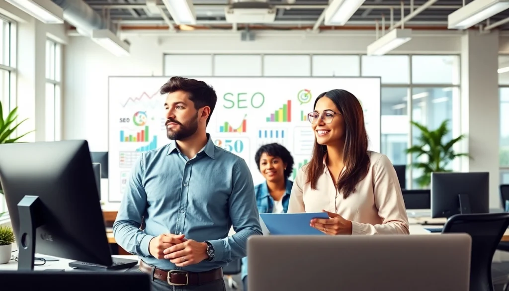 Engaged team discussing innovative strategies at an seo optimization company in a modern office setting.