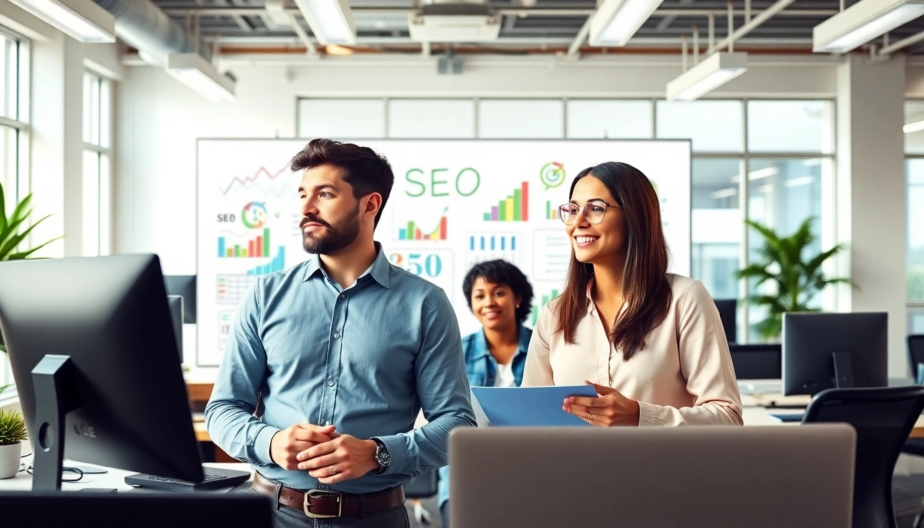 Engaged team discussing innovative strategies at an seo optimization company in a modern office setting.