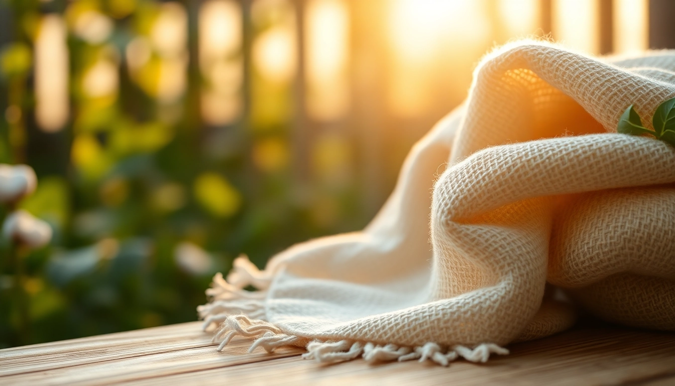 Een detail van ongebleekt katoen met natuurlijke textuur en kleurvariaties op een houten oppervlak.