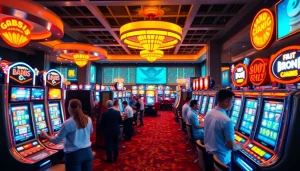 Menang besar di mesin pakde4d slot dengan pemain bersemangat di aula kasino modern.