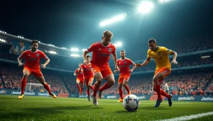 Players showcasing their vibrant Team kit during an exciting soccer match in a packed stadium.