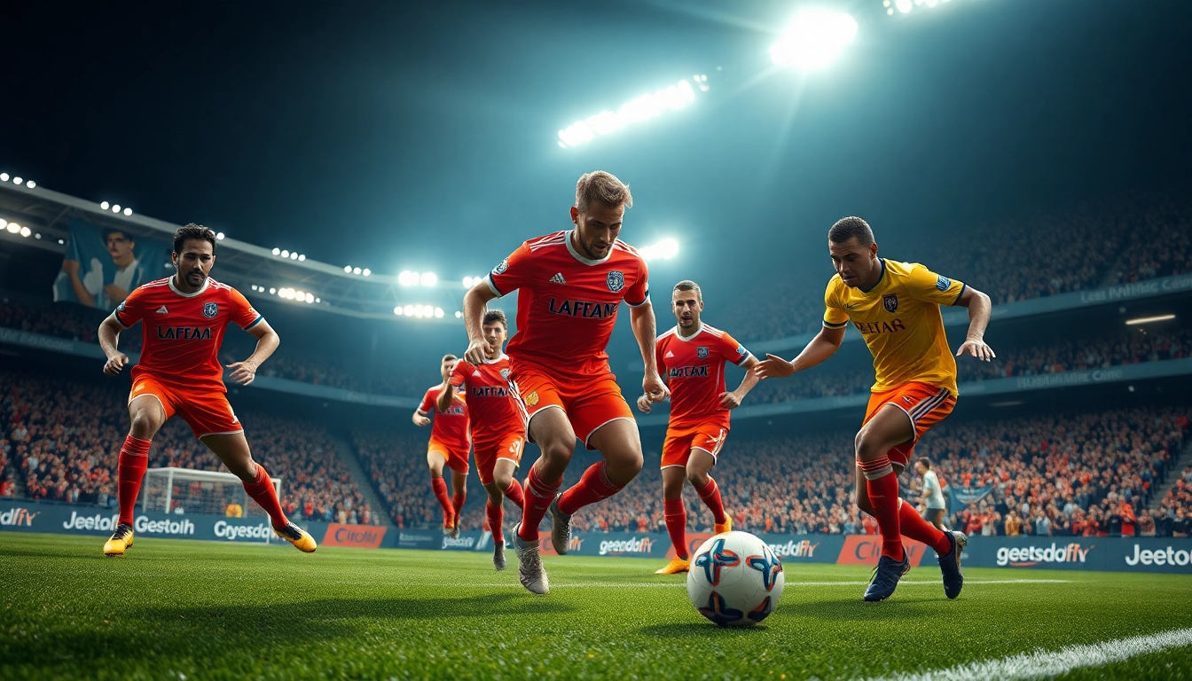 Players showcasing their vibrant Team kit during an exciting soccer match in a packed stadium.
