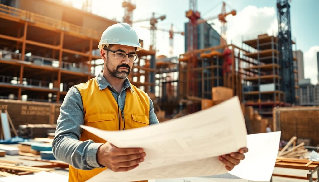 Manhattan General Contractor analyzing project plans at a vibrant construction site.