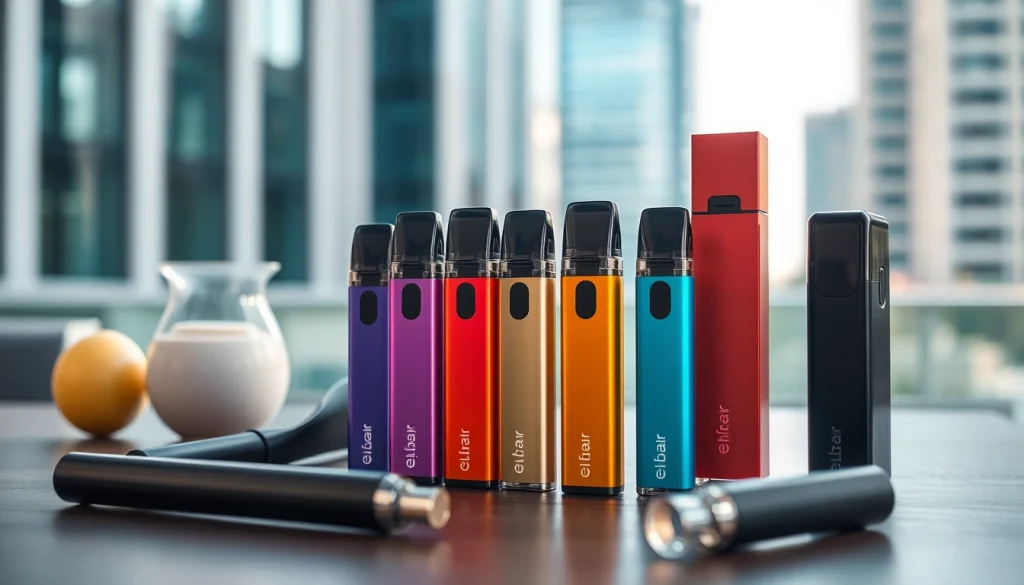 Sehen Sie elfbar pods in verschiedenen Farben, die harmonisch in einem modernen Vaping-Setup angeordnet sind.