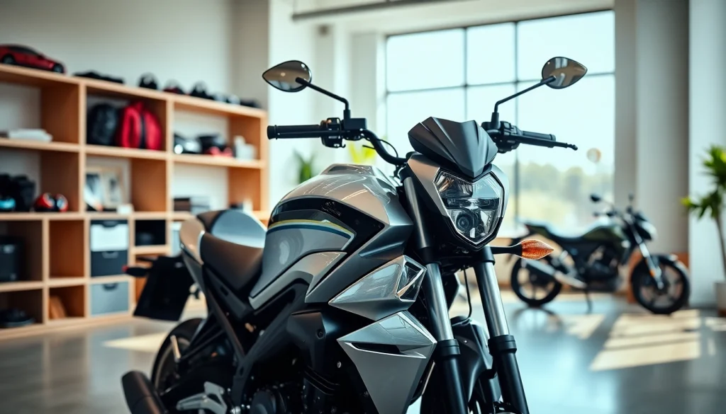 Motorrad Leasing: Stilvoller Arbeitsplatz mit glänzendem Motorrad im Vordergrund