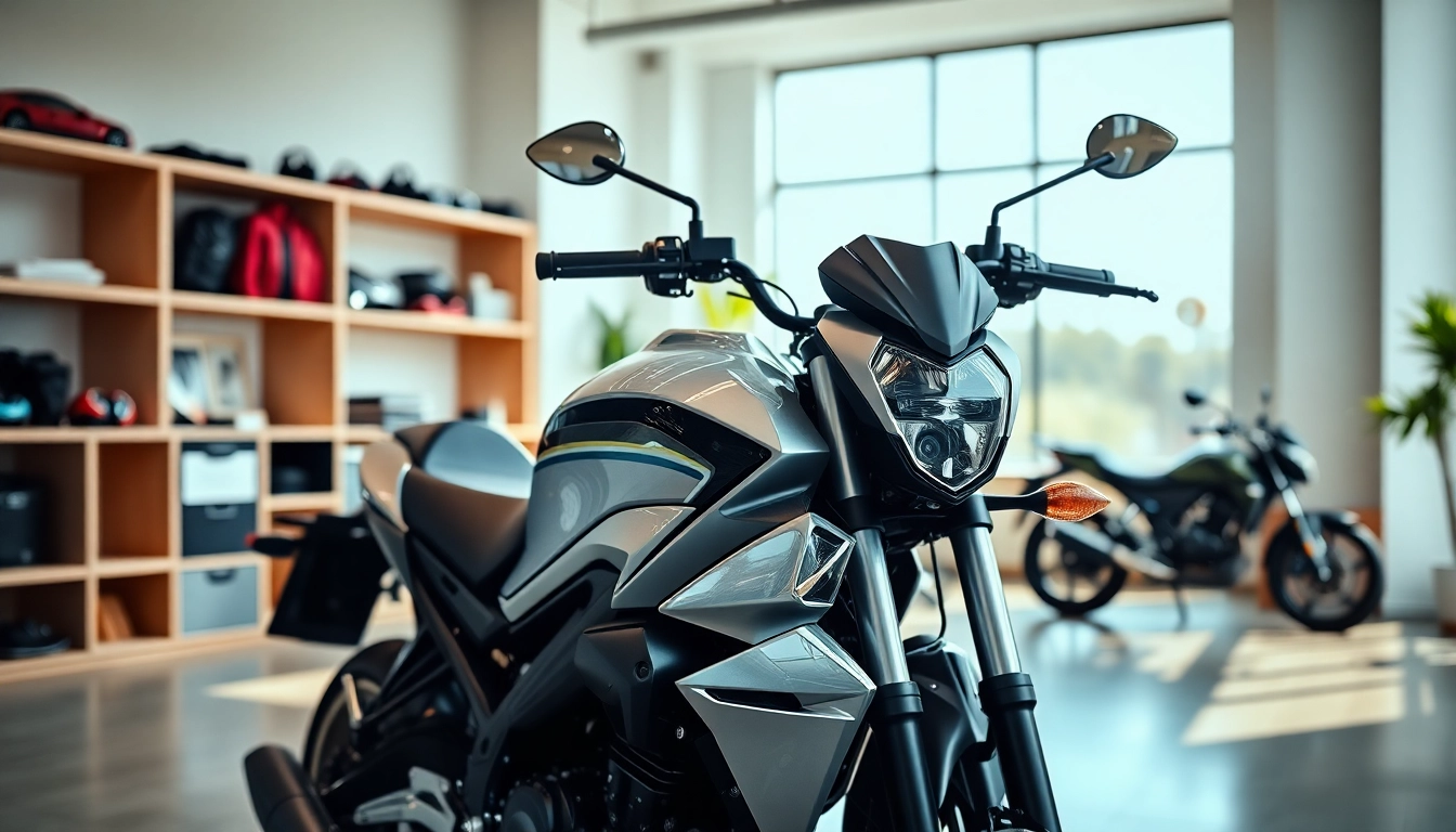 Motorrad Leasing: Stilvoller Arbeitsplatz mit glänzendem Motorrad im Vordergrund