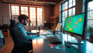 Crafting engaging games with Freedom X in a vibrant creative workspace.