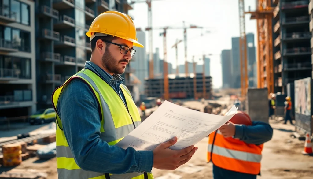 New Jersey Construction Manager reviewing plans at an active construction site with cranes and workers.