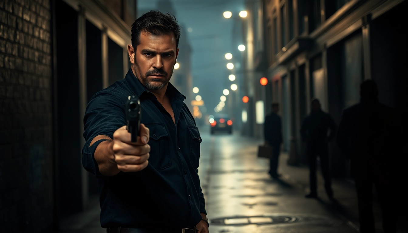 Engaging scene from A Deadly Chance featuring a rugged LAPD officer investigating a dark alley.
