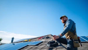Inspecting reliable roofing services with a technician in action on a residential roof.