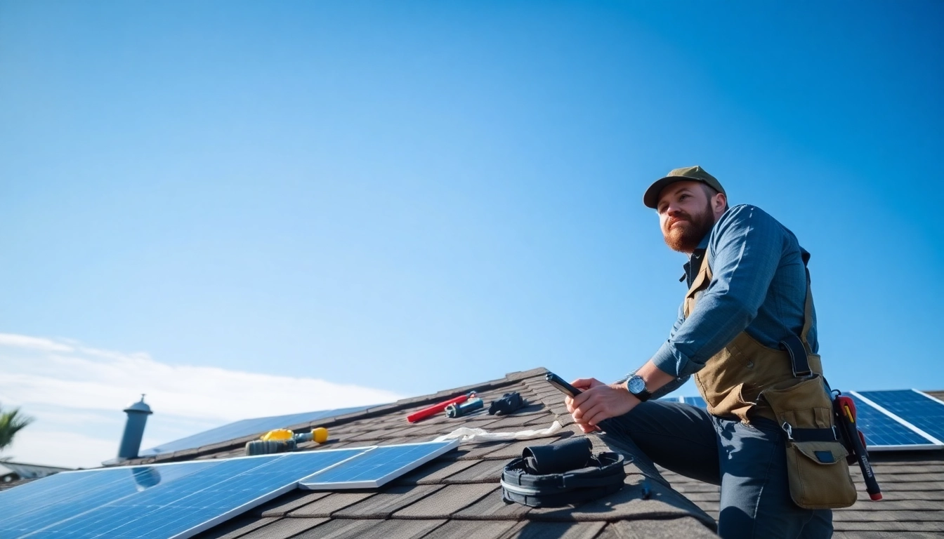 Inspecting reliable roofing services with a technician in action on a residential roof.