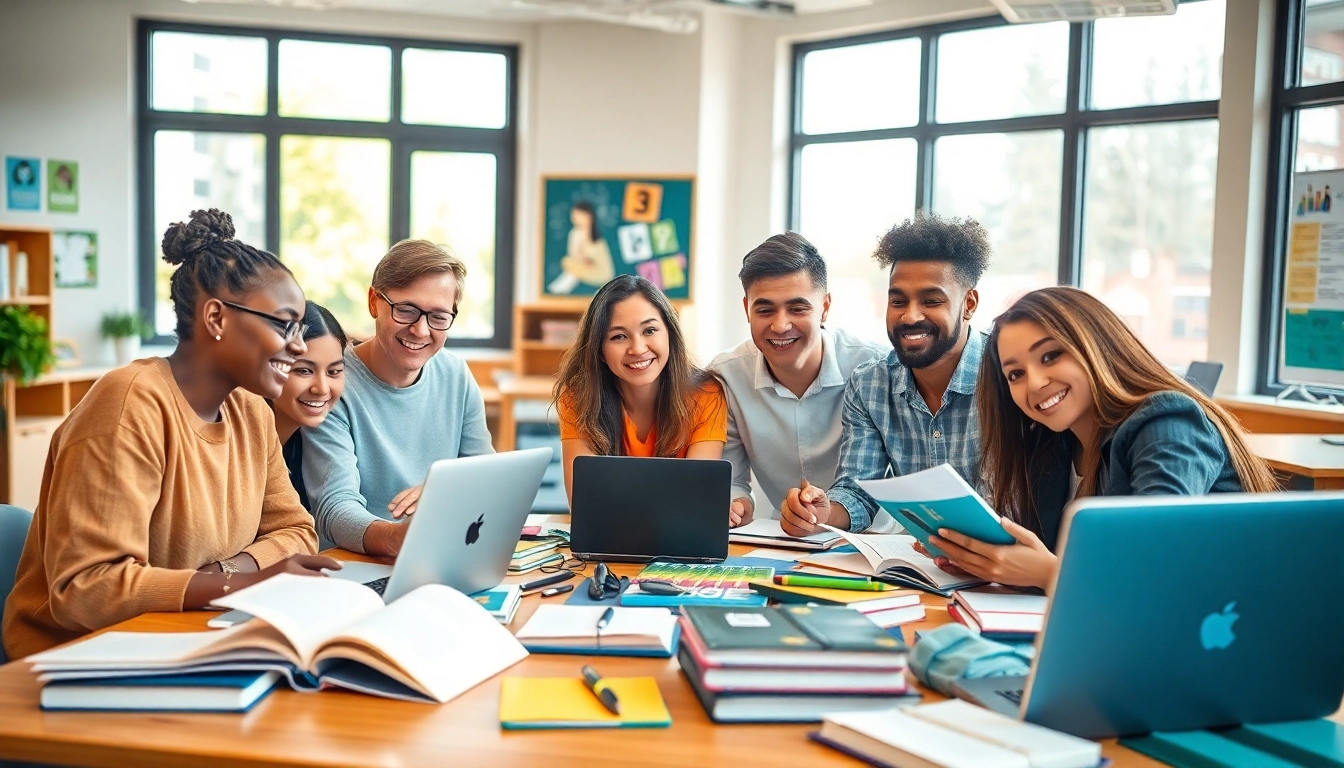 Students actively participating in an engaging education environment filled with learning tools.