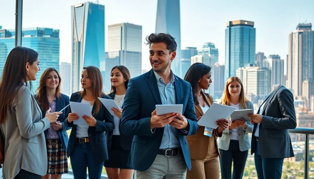 Networking professionals searching for Chicago jobs in a vibrant urban setting.