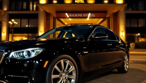Experience Chauffeur Hire Nottingham with an elegant chauffeur standing by a luxury vehicle at a hotel.