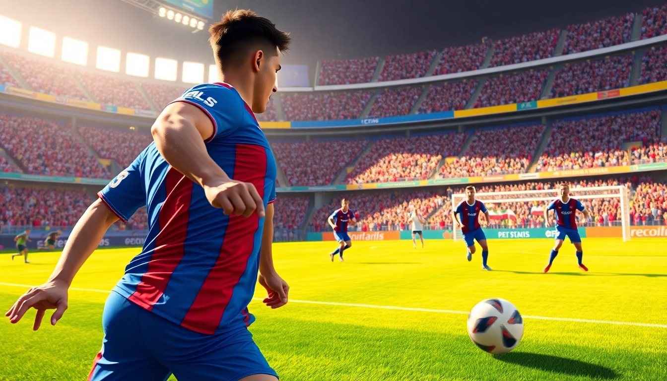 해외축구중계하는 선수의 역동적인 모습과 열정적인 팬들이 있는 경기장