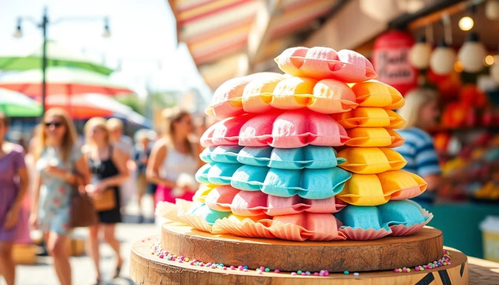 Verleidelijke wafel katoen gestapeld op een houten stand met kleurrijke decoraties.