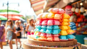 Verleidelijke wafel katoen gestapeld op een houten stand met kleurrijke decoraties.