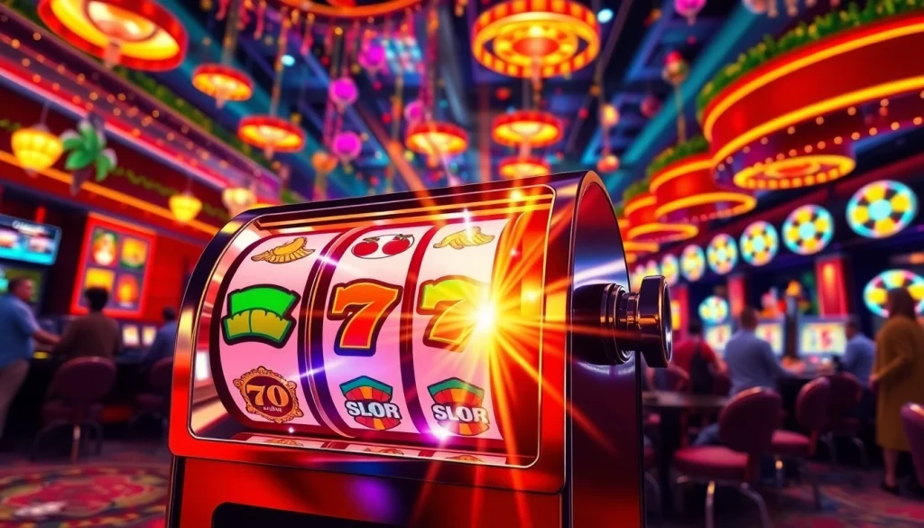 Menangkan slot gacor hari ini dengan mesin slot penuh warna yang bersinar di suasana kasino.